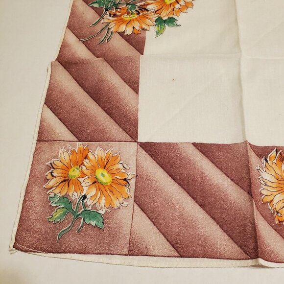 Vtg Floral Handkerchief Orange Daisey Brown Green 11"x12" Retro Fall Colors - Picture 3 of 8